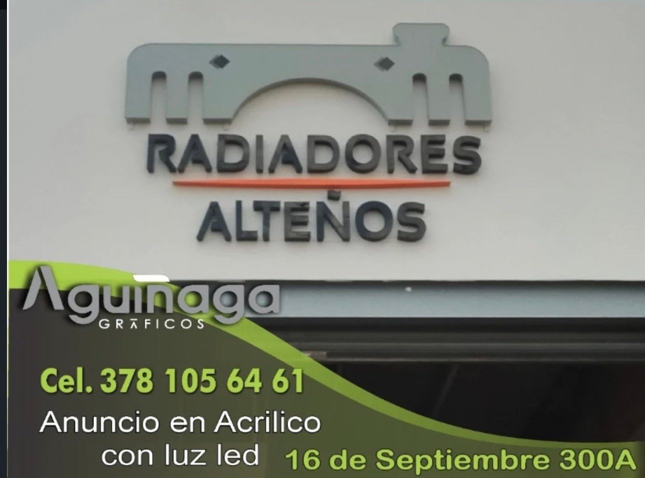 Anuncio en acrílico con luz LED Radiadores Alteños realizado por Aguiñaga Gráficos